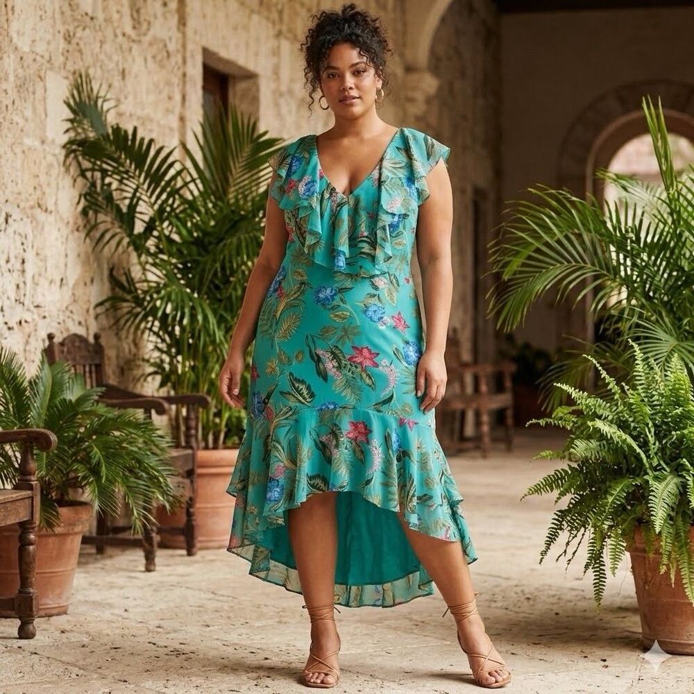 WAYF Chelsea Ruffle High Low Dress 3X Teal Blue Floral Tropical V Neck Resort